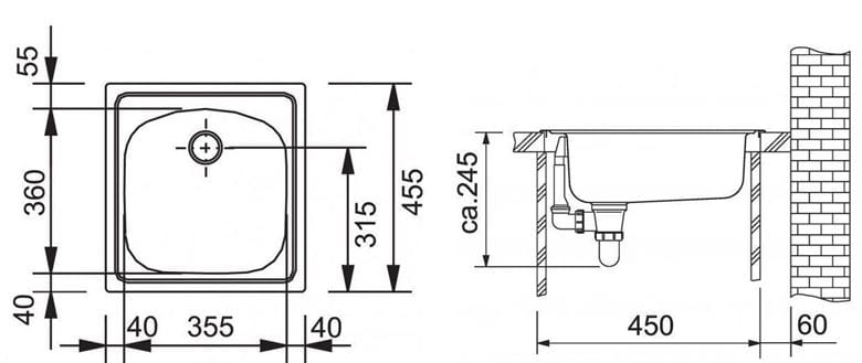 FRANKE EUROSTAR ETN 610 nerezový dřez 455x435 mm 101.0286.106 Technický nákres