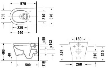DURAVIT ME BY STARCK závěsné WC, HygieneFlush splachování, DuraShield 257909AA00 Technický nákres