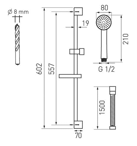 NOVASERVIS sprchová souprava 4-dílná, ruční sprcha, 5 proudů, tyč, hadice, mýdlenka, chrom KIT03,0 Technický nákres