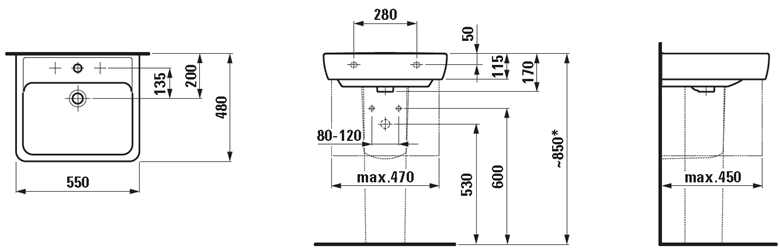 LAUFEN PRO A umyvadlo 55 cm, s otvorem pro baterii a přepadem H8189510001041 Technický nákres