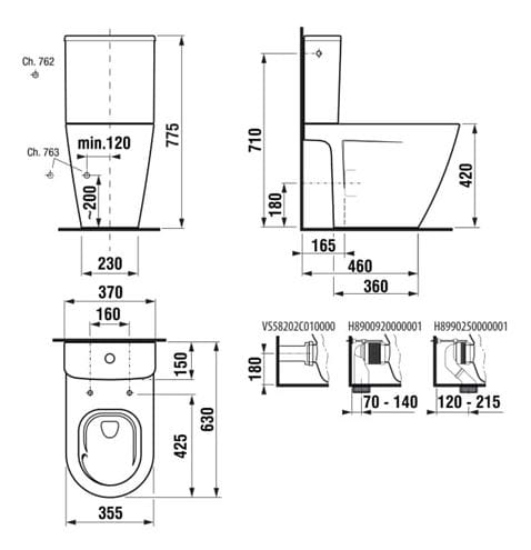 JIKA CUBITO STYLE WC kombi mísa, Vortex/Rimless splachování, Dual-Flush, vario odpad, boční napouštění H8244220000001 Technický nákres