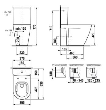 JIKA CUBITO STYLE WC kombi mísa, Vortex/Rimless splachování, Dual-Flush, vario odpad, boční napouštění H8244220000001 Technický nákres