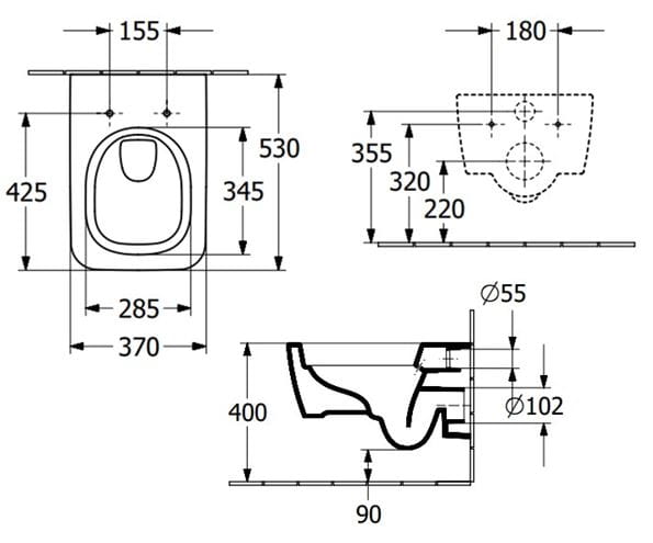 VILLEROY & BOCH SKYLA závěsné WC, se SoftClosing sedátkem, TwistFlush splachování, alpská bílá 4682CL01 Technický nákres