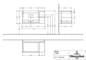VILLEROY & BOCH SKYLA skříňka pod umyvadlo 77,2x43,9x43,6 cm, 1 zásuvka, 2 police, Soft Green C78800AF Technický nákres