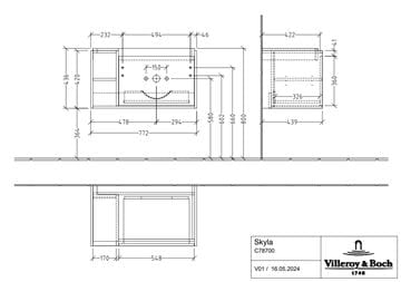 VILLEROY & BOCH SKYLA skříňka pod umyvadlo 77,2x43,9x43,6 cm, 1 zásuvka, 2 police, Soft Green C78700AF Technický nákres