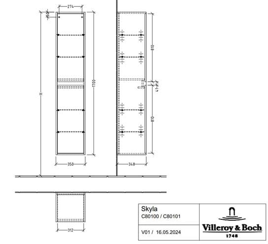 VILLEROY & BOCH SKYLA vysoká skříňka 35x34,8x170 cm, 2 dvířka, panty vlevo, Soft Green C80100AF Technický nákres