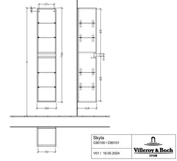 VILLEROY & BOCH SKYLA vysoká skříňka 35x34,8x170 cm, 2 dvířka, panty vlevo, Soft Green C80100AF Technický nákres