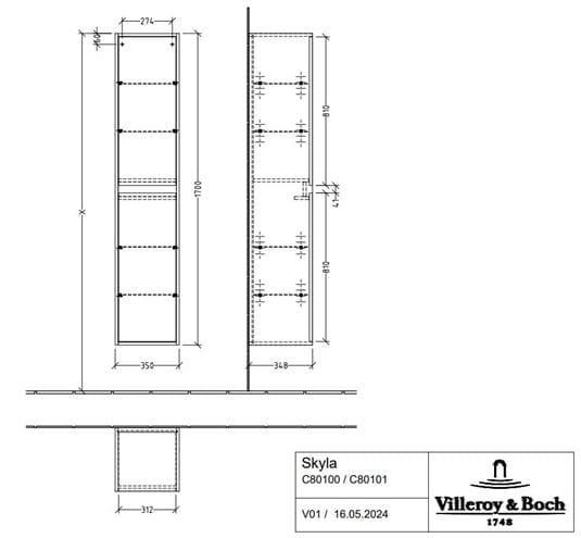 VILLEROY & BOCH SKYLA vysoká skříňka 35x34,8x170 cm, 2 dvířka, panty vpravo, Soft Green C80101AF Technický nákres