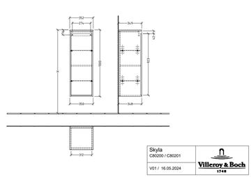 VILLEROY & BOCH SKYLA nízká skříňka 35x34,9x100 cm, 1 dvířka, panty vlevo, Soft Green C80200AF Technický nákres