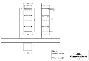 VILLEROY & BOCH SKYLA nízká skříňka 35x34,9x100 cm, 1 dvířka, panty vpravo, Soft Green C80201AF Technický nákres