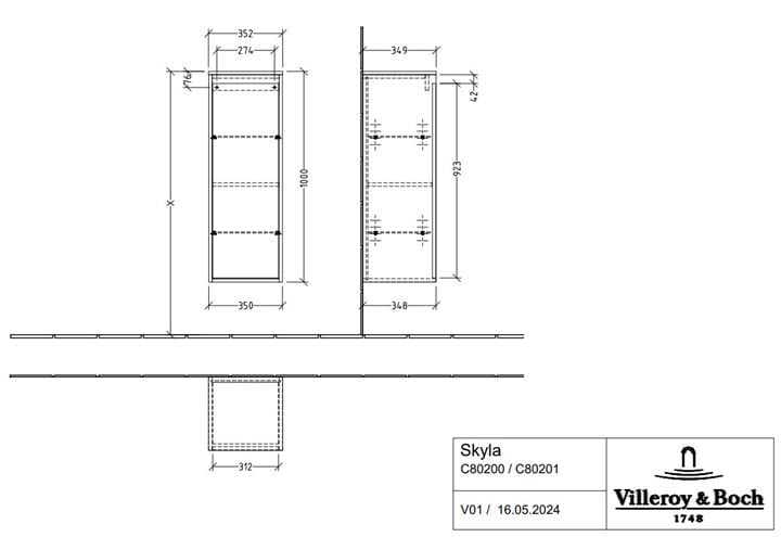 VILLEROY & BOCH SKYLA nízká skříňka 35x34,9x100 cm, 1 dvířka, panty vpravo, Soft Green C80201AF Technický nákres