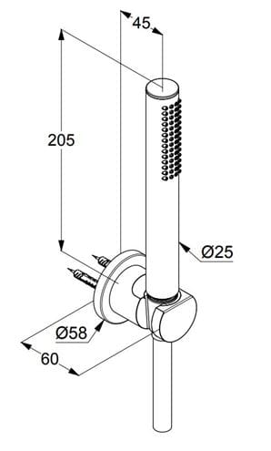 KLUDI NOVA FONTE PURISTIC 1S sprchová souprava 3-dílná, ruční sprcha 205 mm, hadice, držák, kartáčovaný bronz 20850N1-15 Technický nákres
