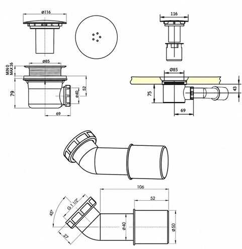 RONAL vaničkový sifon pr. 90 mm, chrom SIWM.10 Technický nákres