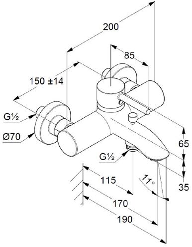 KLUDI BOZZ vanová nástěnná baterie, s přepínačem, kartáčovaný nikl 38691N576 Technický nákres