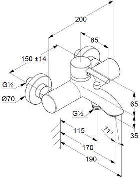 KLUDI BOZZ vanová nástěnná baterie, s přepínačem, kartáčovaný nikl 38691N576 Technický nákres