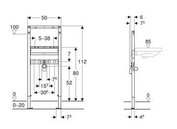 GEBERIT DUOFIX montážní rám pro umyvadlo a baterii 112 cm 111.471.00.2 Technický nákres