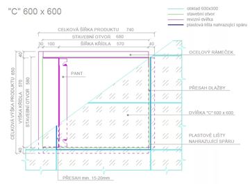 ZAVRZ revizní dvířka 600x600 mm, pod obklad, s tlačným otevíráním CK600x600 Technický nákres