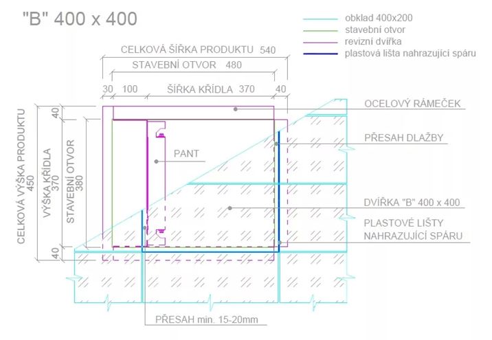 ZAVRZ revizní dvířka 400x400 mm, pod obklad, s tlačným otevíráním BK400x400 Technický nákres