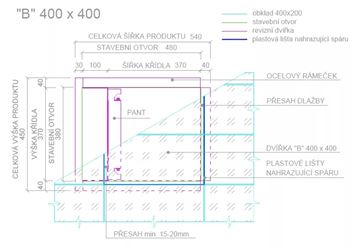 ZAVRZ revizní dvířka 400x400 mm, pod obklad, s tlačným otevíráním BK400x400 Technický nákres