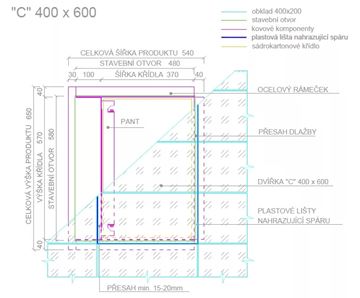ZAVRZ revizní dvířka 400x600 mm, pod obklad, s tlačným otevíráním CK400x600 Technický nákres