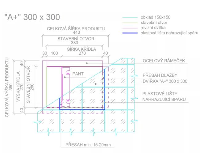 ZAVRZ revizní dvířka 300x300 mm, pod obklad, s tlačným otevíráním A+K300x300 Technický nákres