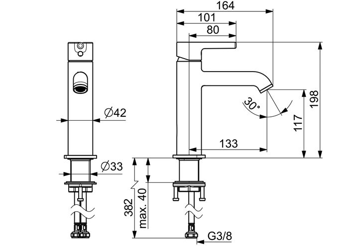 HANSA VANTIS STYLE umyvadlová stojánková baterie, broušená ocel 5437220780 Technický nákres