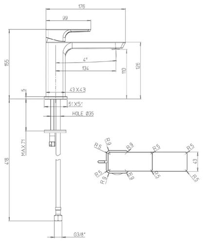 VILLEROY & BOCH SUBWAY 3.0 umyvadlová stojánková baterie, chrom TVW11200300061 Technický nákres