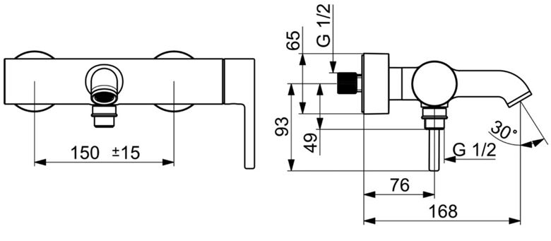 HANSA VANTIS STYLE vanová nástěnná baterie, s přepínačem, broušená ocel 5444220780 Technický nákres