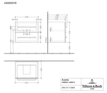 VILLEROY & BOCH AVENTO skříňka pod umyvadlo 57,6x48,2x51,4 cm, 2 zásuvky, Brilliant White A88900VE Technický nákres