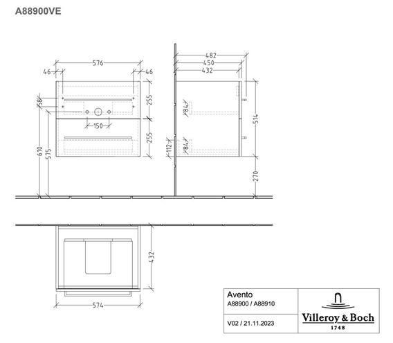 VILLEROY & BOCH AVENTO skříňka pod umyvadlo 57,6x48,2x51,4 cm, 2 zásuvky, Brilliant White A88900VE Technický nákres