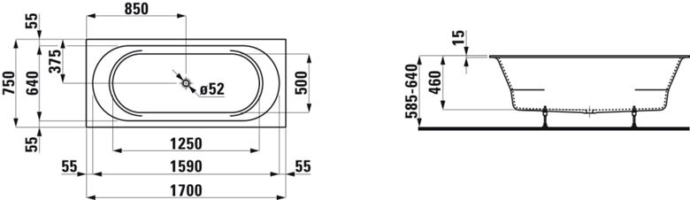 LAUFEN PRO vana 170x75 cm, s nožičkami, Marbond H2429500000001 Technický nákres