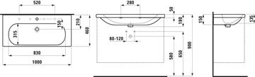 LAUFEN LUA umyvadlo 100 cm, s otvorem pro baterii a přepadem H8100890001041 Technický nákres