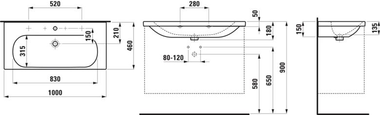 LAUFEN LUA umyvadlo 100 cm, s otvorem pro baterii a přepadem H8100890001041 Technický nákres
