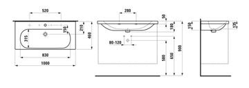 LAUFEN LUA umyvadlo 100 cm, se 2 otvory pro baterie a přepadem H8100890001071 Technický nákres