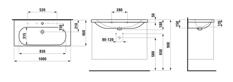 LAUFEN LUA umyvadlo 100 cm, se 2 otvory pro baterie a přepadem H8100890001071 Technický nákres