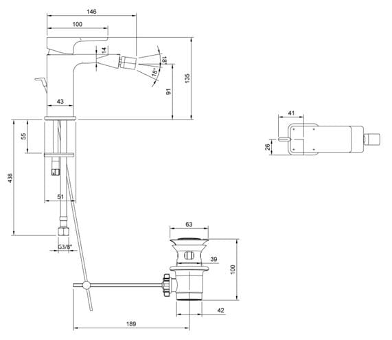 VILLEROY & BOCH SUBWAX 3.0 bidetová stojánková baterie, chrom TVB11200100061 Technický nákres