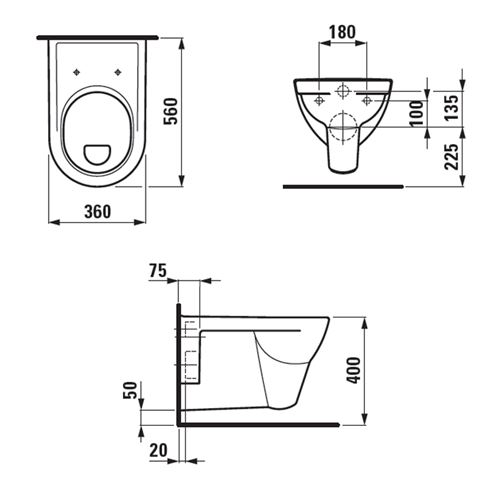 LAUFEN PRO závěsné WC, ploché splachování H8209510000001 Technický nákres