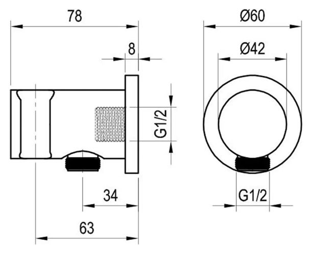 RAVAK CHROME držák ruční sprchy s připojením na vodu, matná bílá X07P684 Technický nákres