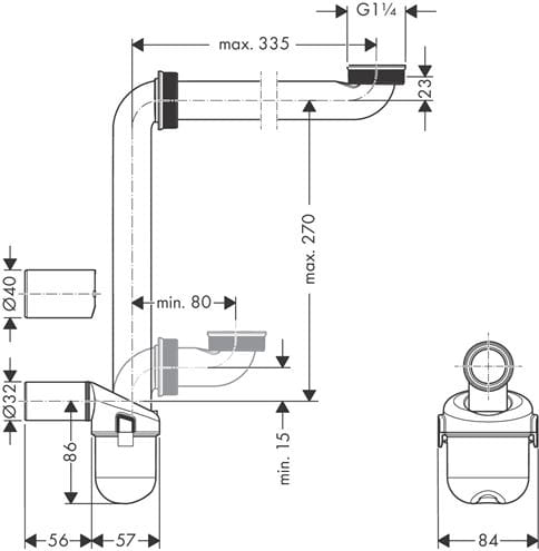 HANSGROHE nábytkový sifon k umyvadlu DN32, s převlečnou maticí 5/4 54235000 Technický nákres