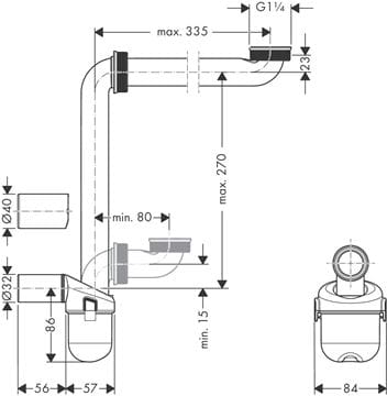 HANSGROHE nábytkový sifon k umyvadlu DN32, s převlečnou maticí 5/4 54235000 Technický nákres