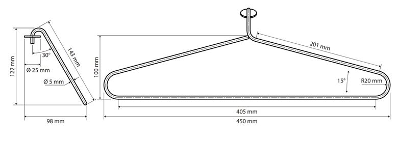 BEMETA věšák pro elektrický sušák ručníků 450 mm, matná grafitová 704155915 Technický nákres