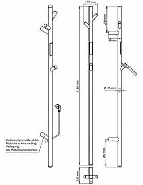 BEMETA elektrický sušák ručníků 1180x130 mm, 30 W, s el. kabelem, lesklá měděná zlatá 704154011 Technický nákres