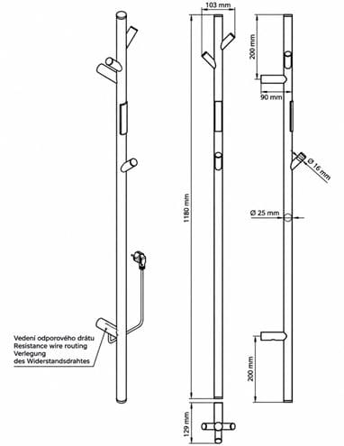 BEMETA elektrický sušák ručníků 1180x130 mm, 30 W, s el. kabelem, lesklá zlatá 704153011 Technický nákres
