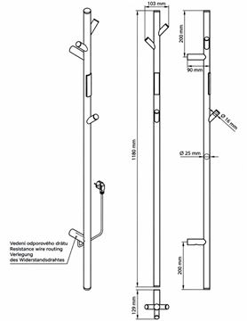 BEMETA elektrický sušák ručníků 1180x130 mm, 30 W, s el. kabelem, matná grafitová 704155015 Technický nákres