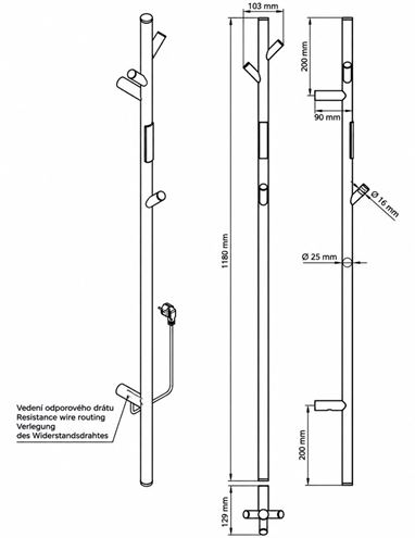 BEMETA elektrický sušák ručníků 1180x130 mm, 30 W, s el. kabelem, matná měděná zlatá 704154015 Technický nákres