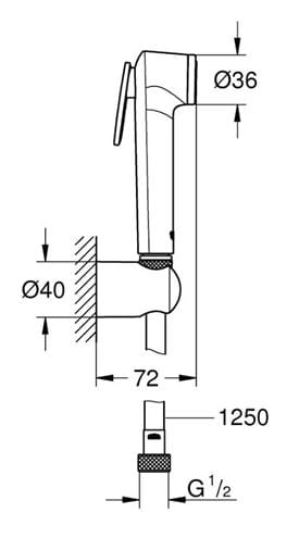 GROHE TEMPESTA-F TRIGGER SPRAY 30 bidetová sprška, s hadicí a držákem, supersteel 27513DC1 Technický nákres