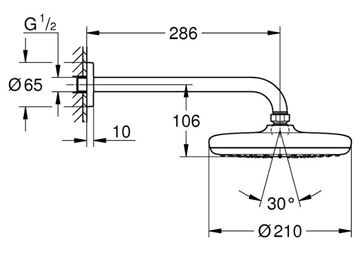 GROHE TEMPESTA 210 horní sprcha pr. 210 mm, s ramenem, Water Saving, matte black 1022182430 Technický nákres