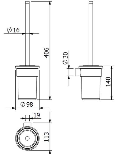 KLUDI VELA R WC štětka, nástěnná, sklo, kartáčovaný gun metal 58974N2 Technický nákres