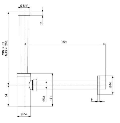EASY designový umyvadlový sifon DN32, s převlečnou maticí 5/4, matná černá PAS110BLM Technický nákres