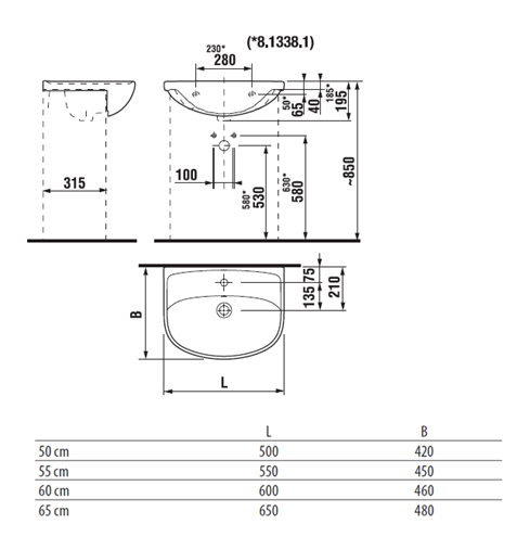 JIKA LYRA PLUS umyvadlo 60 cm, s otvorem pro baterii a přepadem H8133830001041 Technický nákres